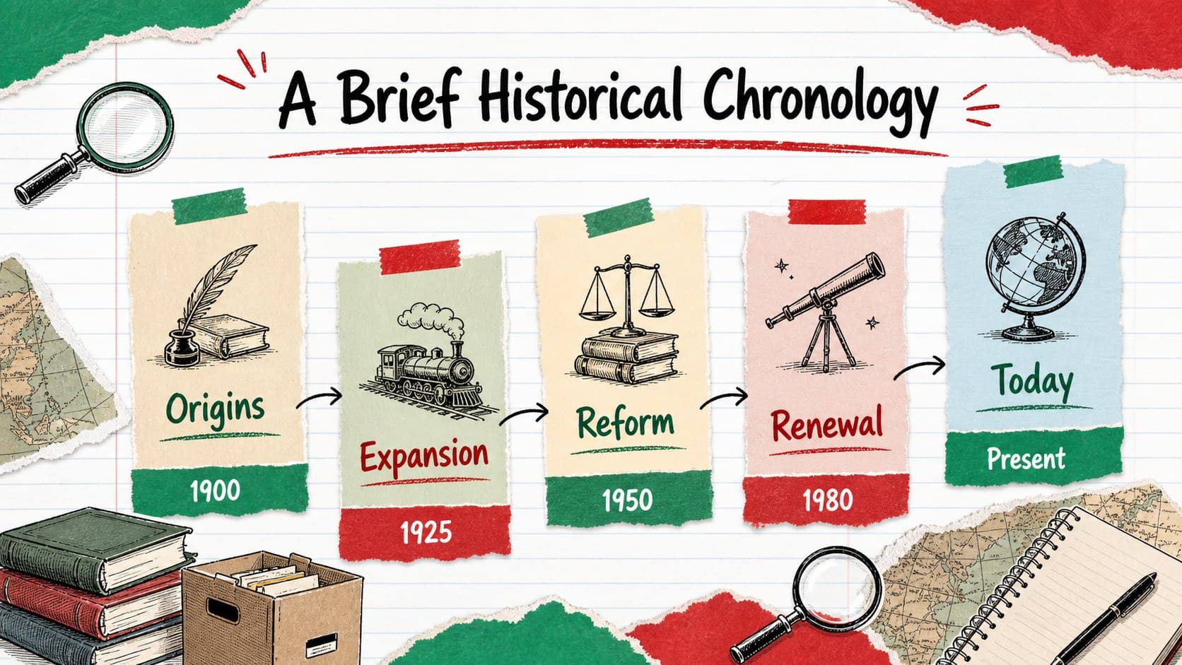 Historical chronology presentation template slide with five eras arranged as colorful sketched columns.