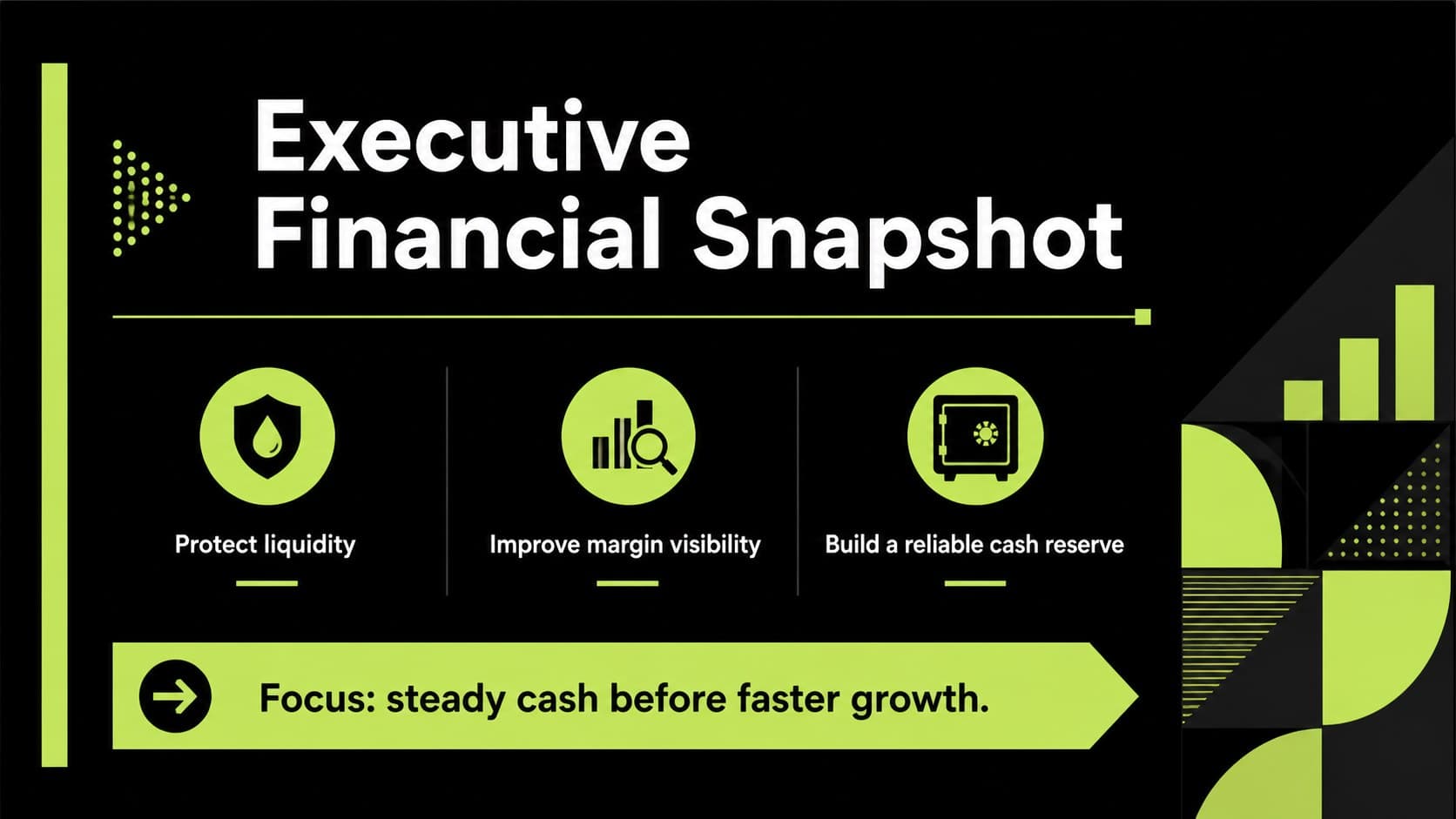 Executive summary slide showing priorities for a small business financial health check.