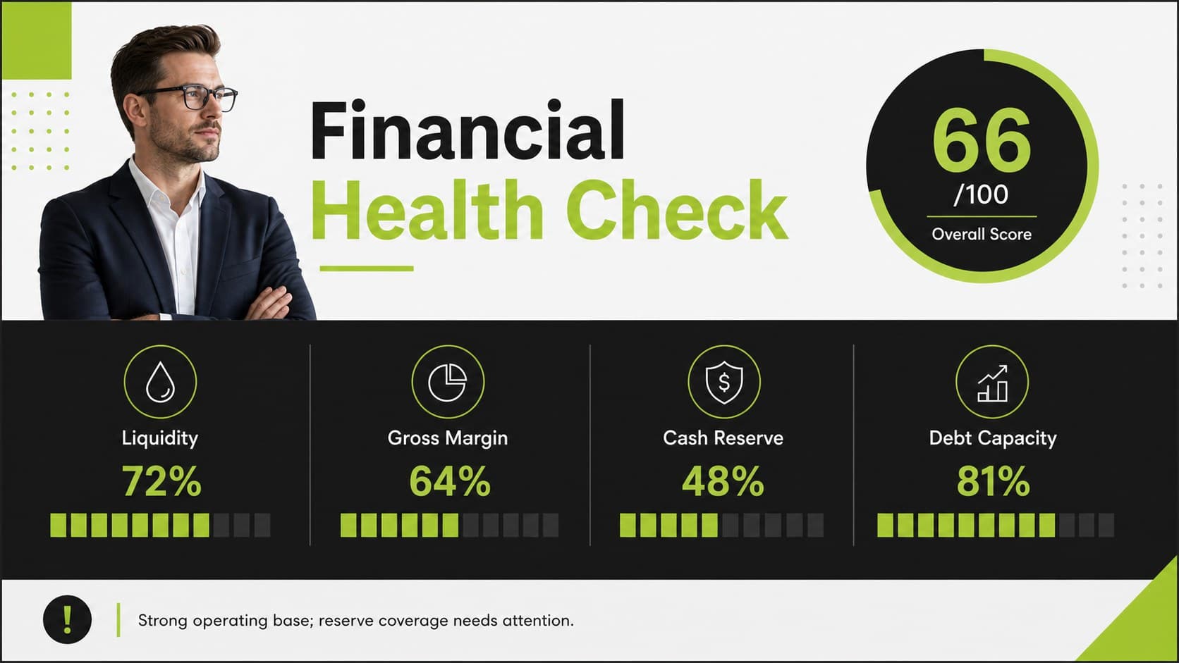 Financial health check slide with liquidity, margin, reserve, and debt indicators.