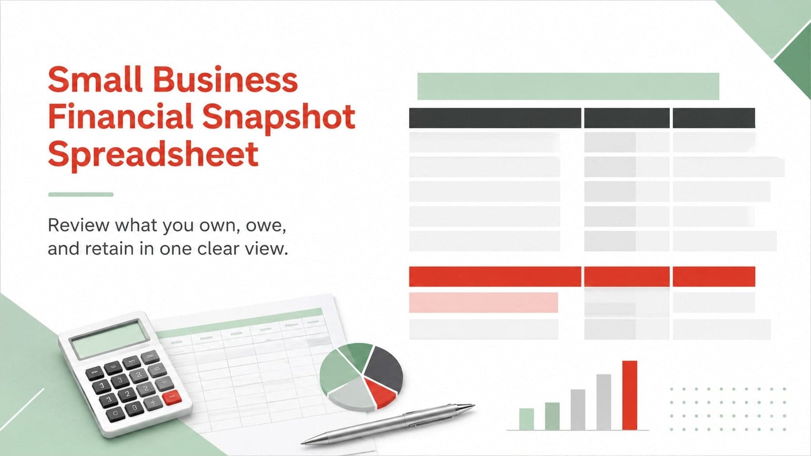 Cover for a small business financial snapshot spreadsheet with green, white, grey, and red accounting graphics.