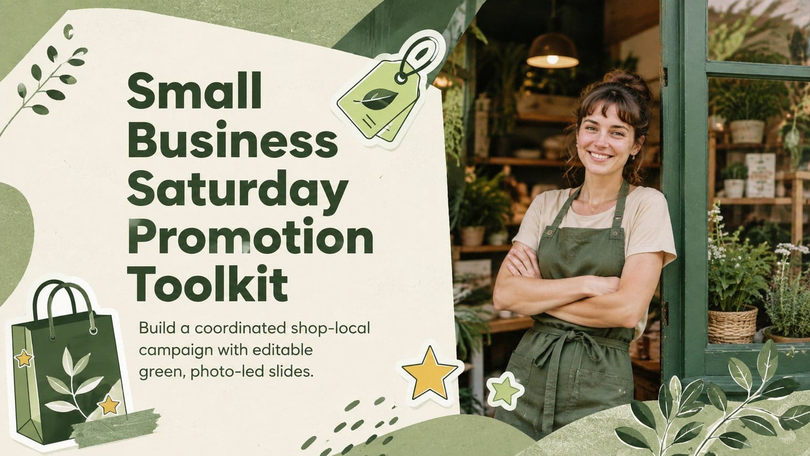 Cover of the Small Business Saturday promotion toolkit with green retail photography and playful shop-local accents.
