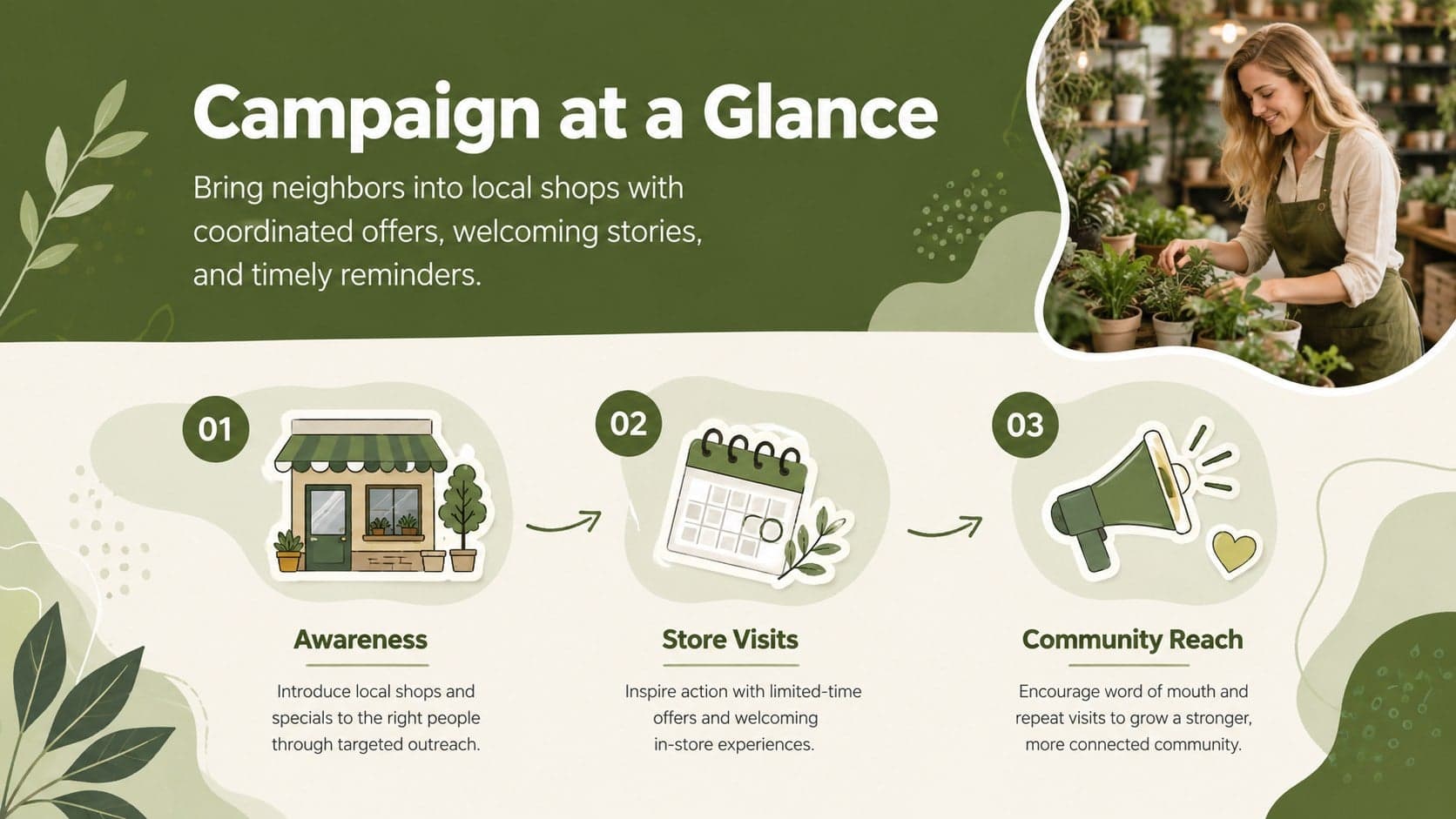 Green campaign overview slide summarizing a shop-local marketing presentation for independent retailers.