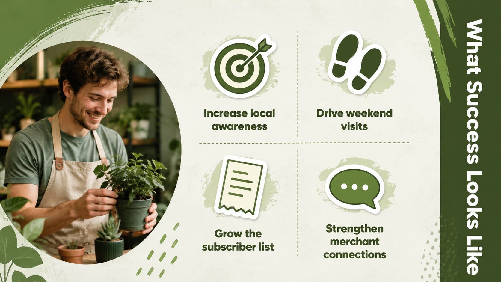 Small Business Saturday campaign goals slide with measurable retail objectives in a green illustrated layout.