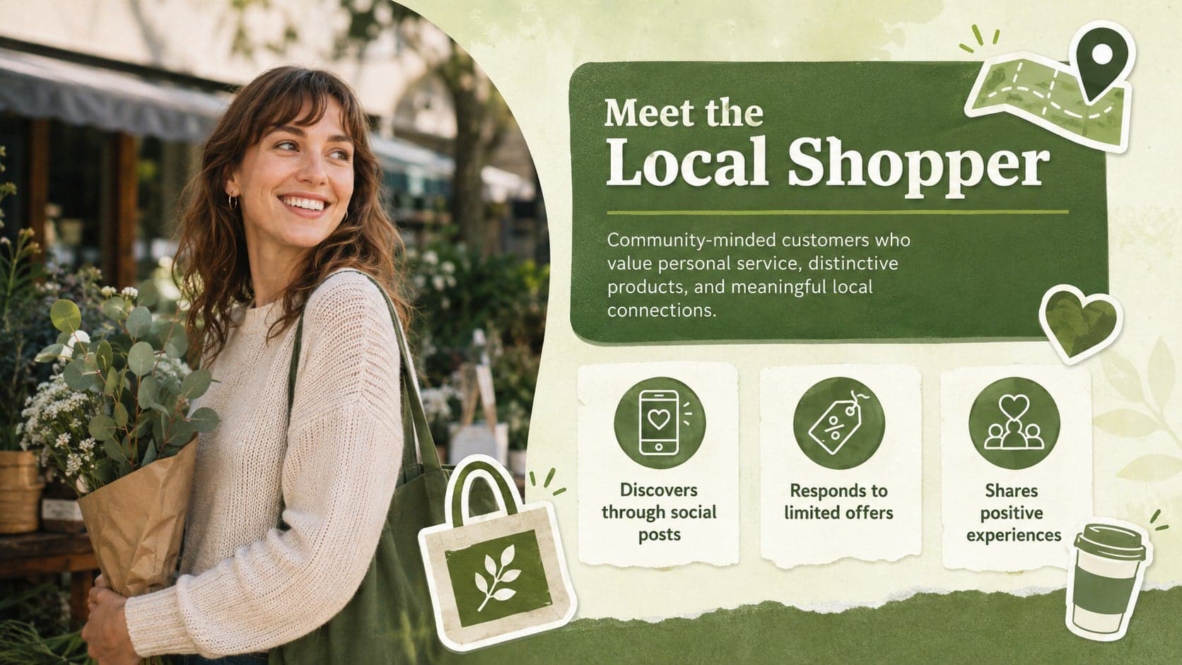 Target customer profile slide for a local shopping event marketing deck with green photo and sticker details.