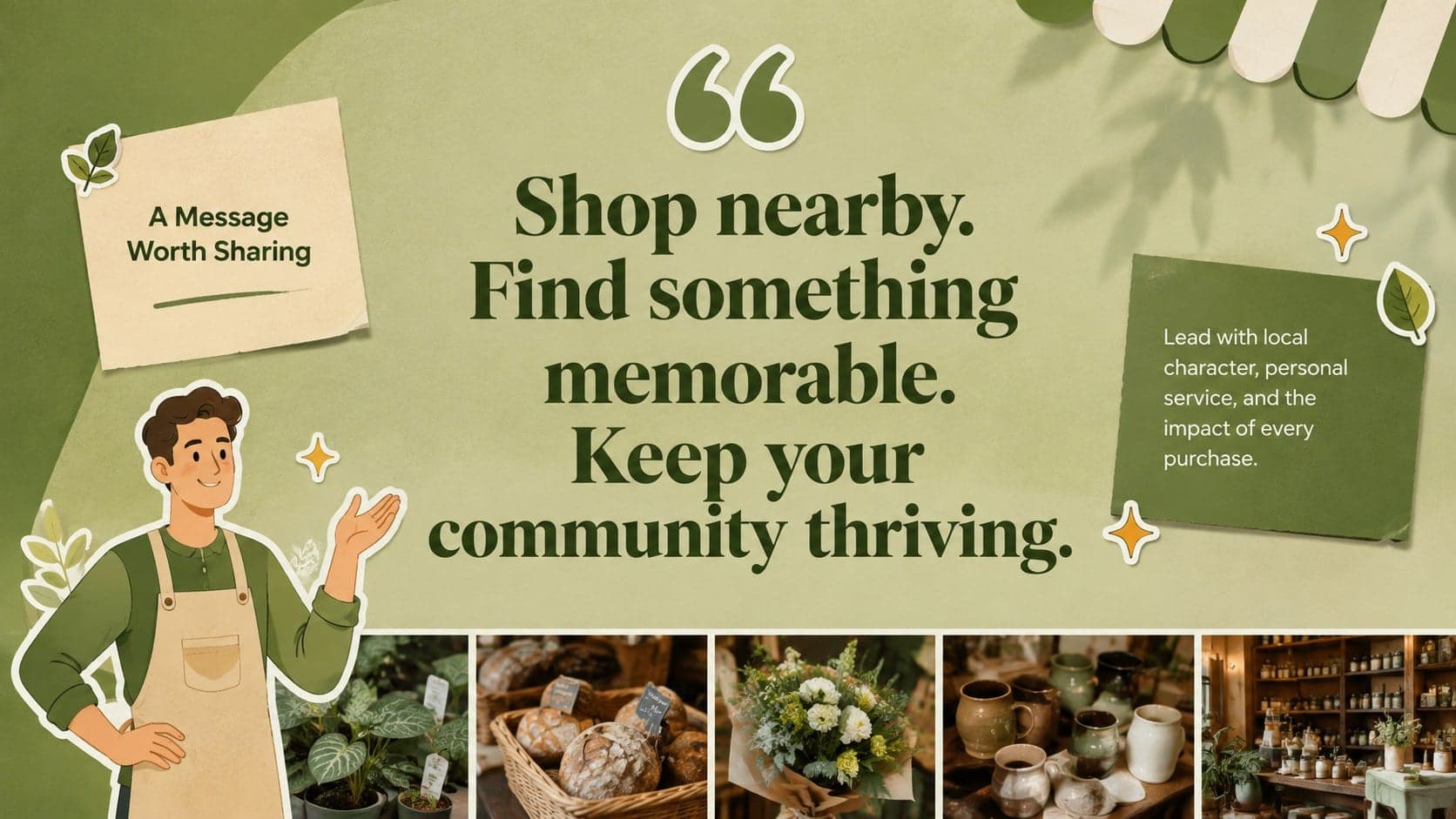 Shop-local campaign messaging slide featuring a concise value proposition and green organic graphics.