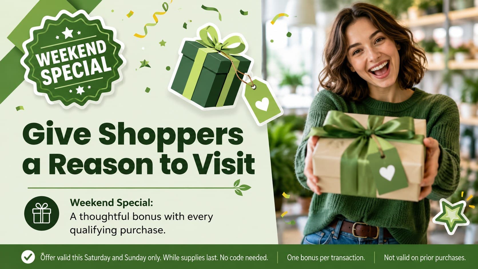 Featured retail offer slide with a green promotional layout for an independent shop campaign.