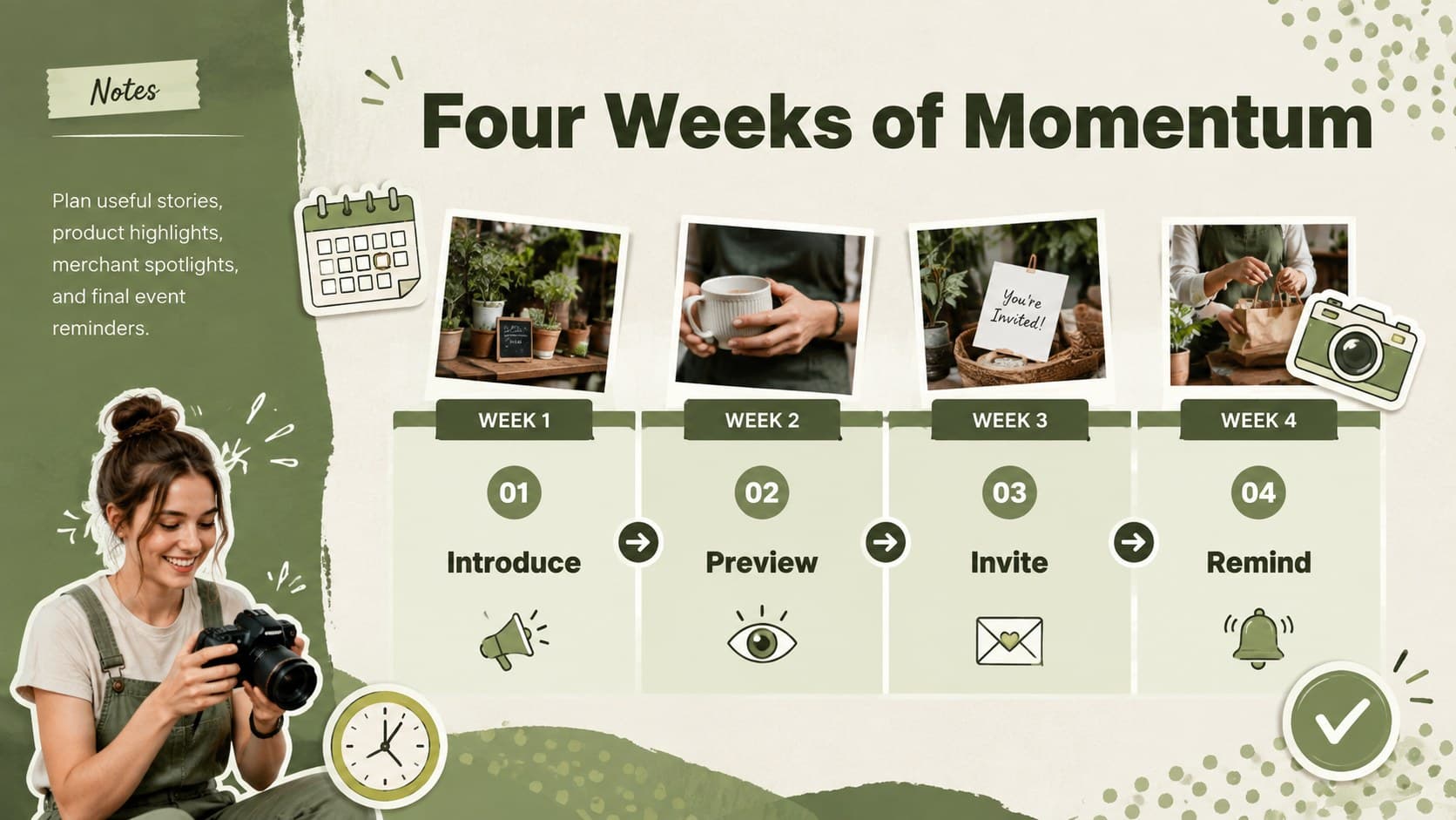 Green promotional content calendar for a Small Business Saturday social media plan.