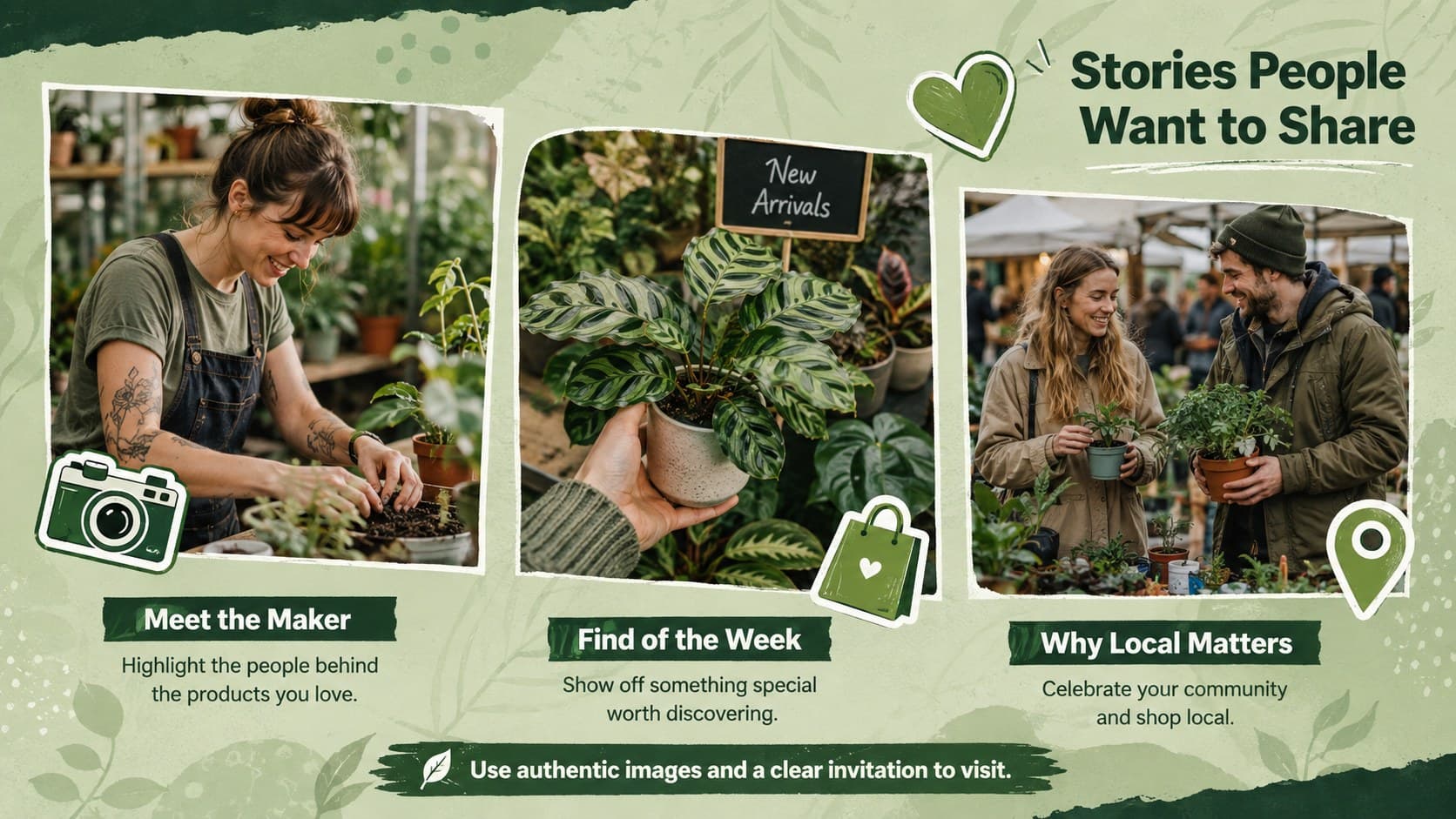 Social content concept slide with three green photo-led post ideas for a shop-local promotion.