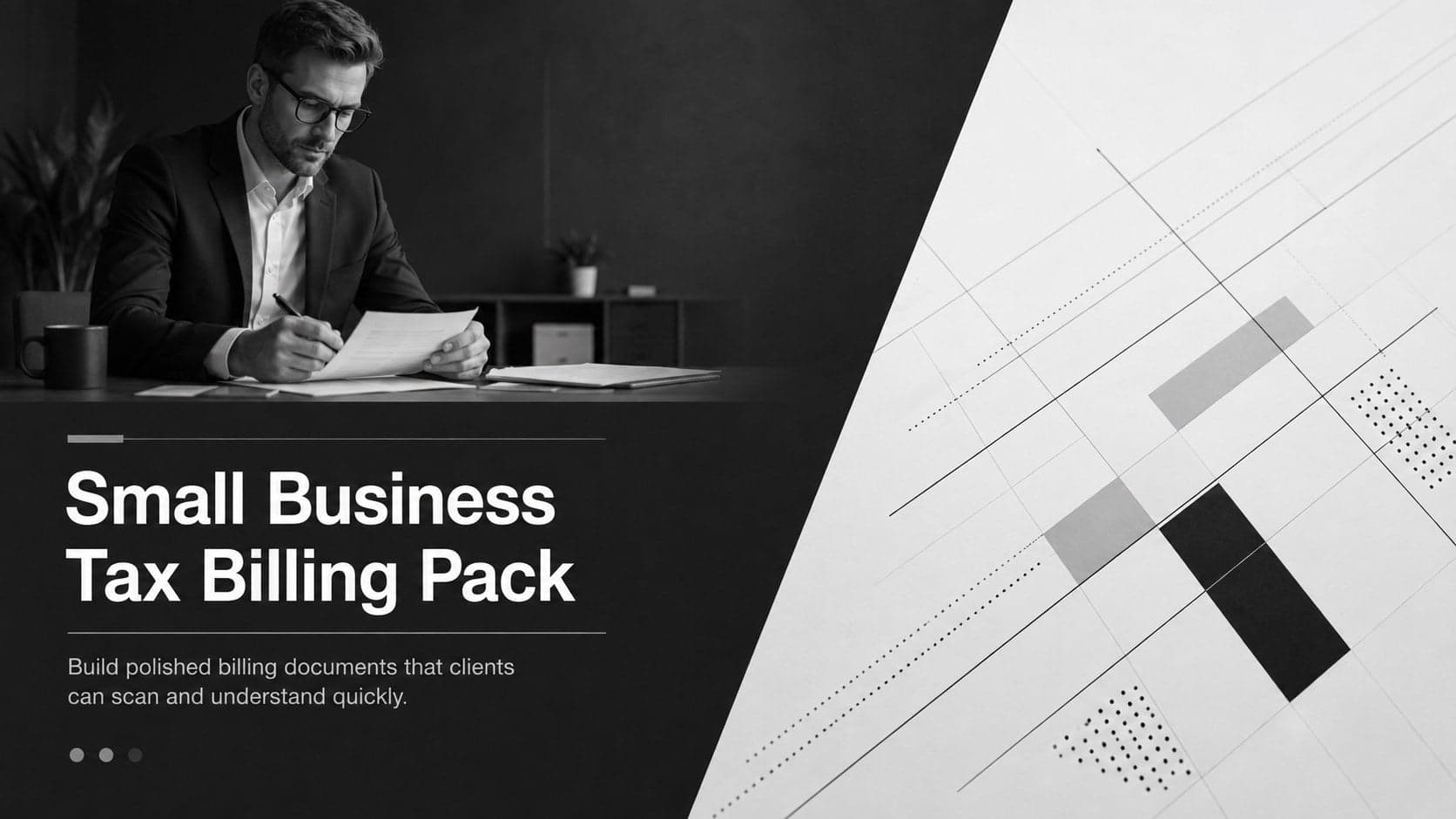 Cover for a small business tax billing pack featuring a sleek black professional layout.