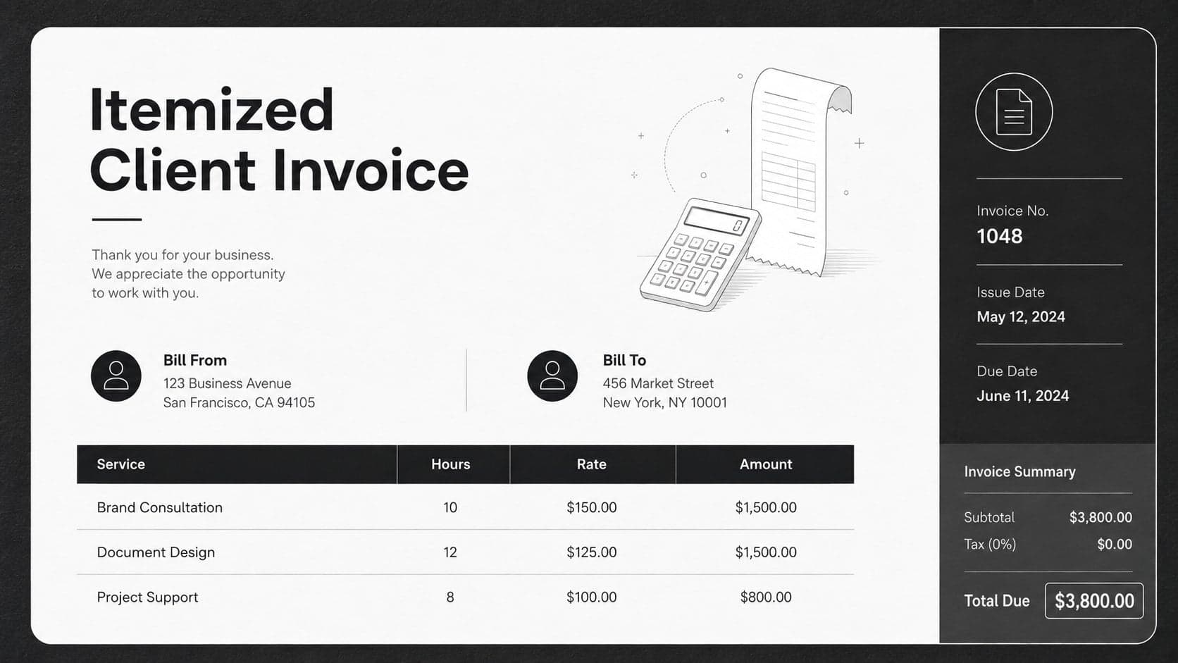 Editable tax invoice slide for small business with client details and an itemized services table.