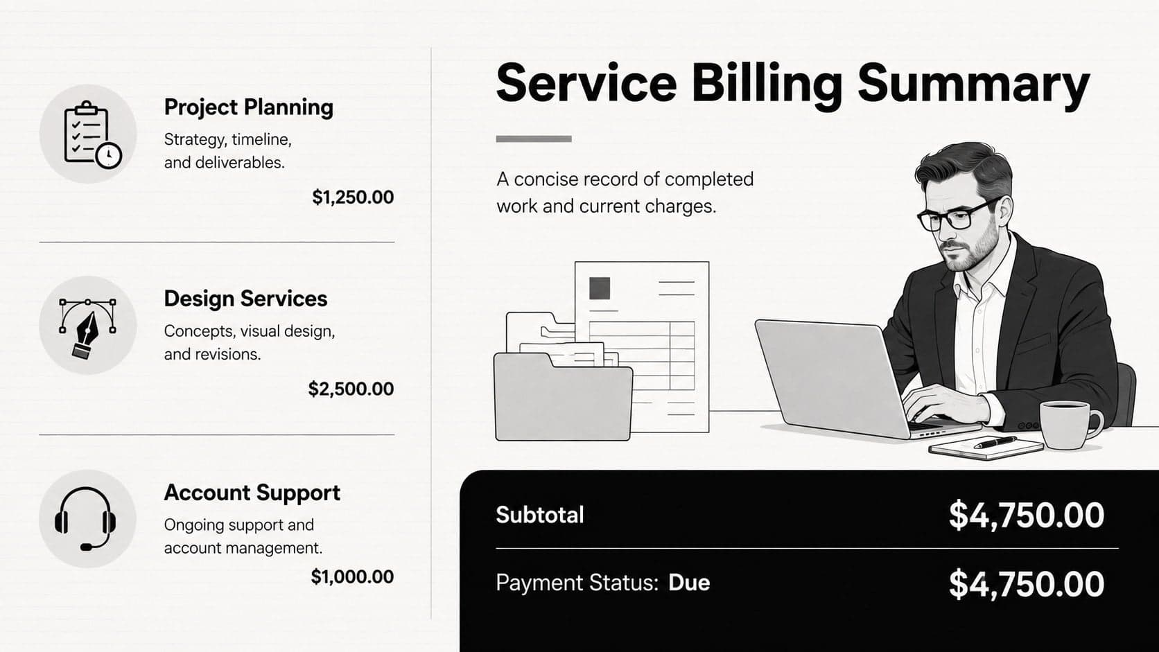 Professional billing statement template presenting service charges, subtotal, and payment status.