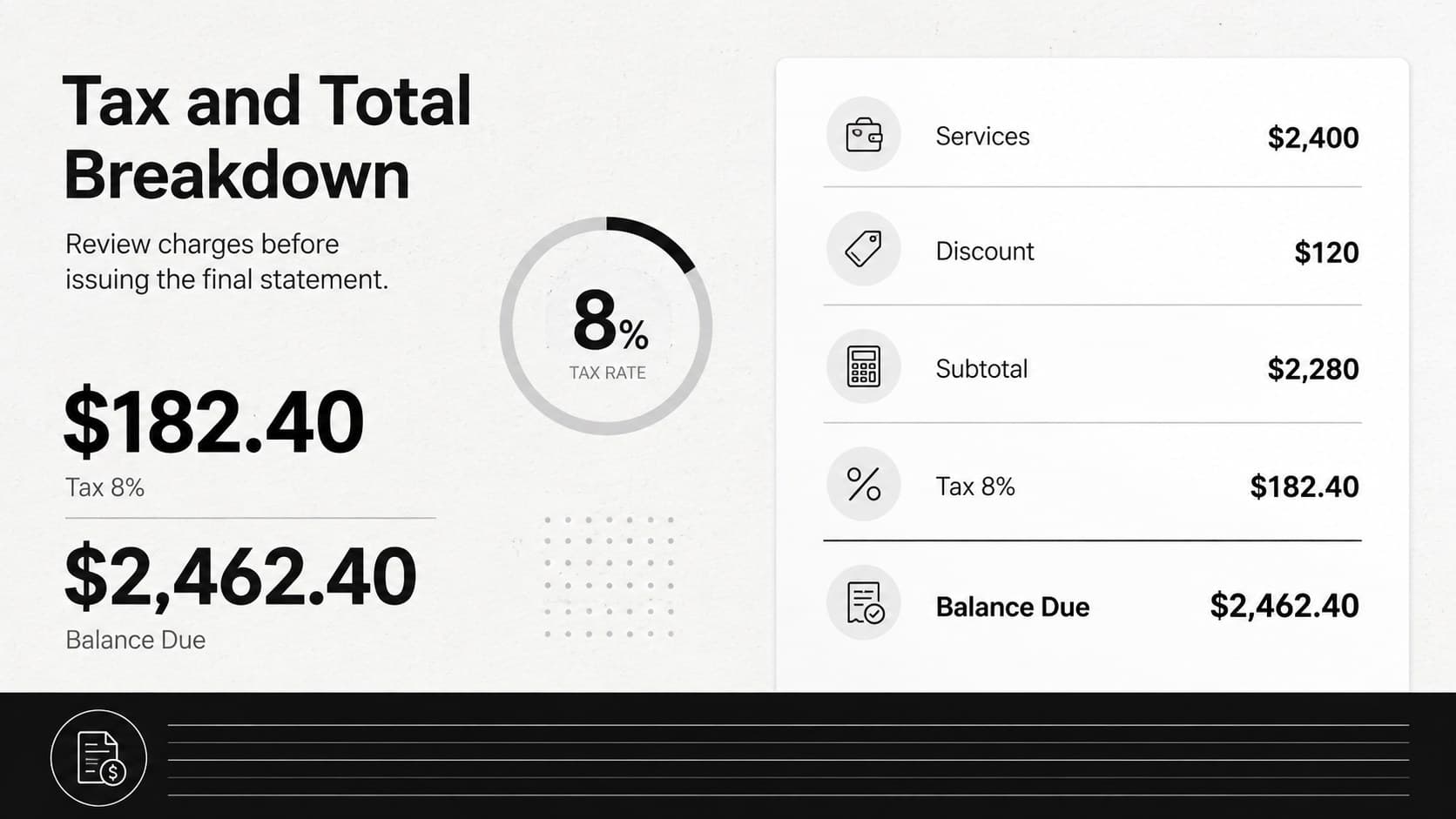 Black invoice layout for PowerPoint displaying subtotal, tax calculation, discount, and final balance.