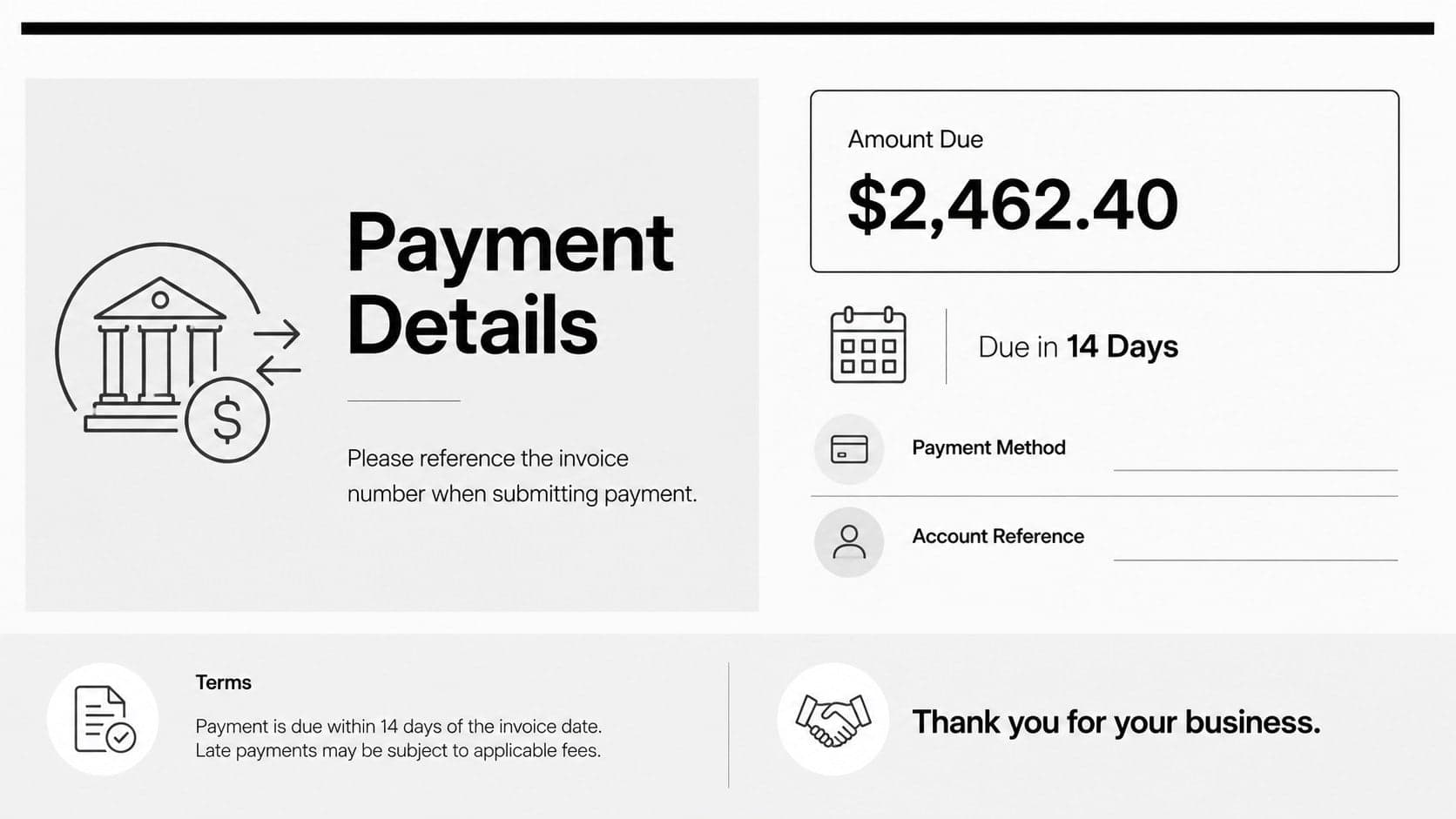 A4 business invoice slide pack page with payment instructions, due date, and client notes.