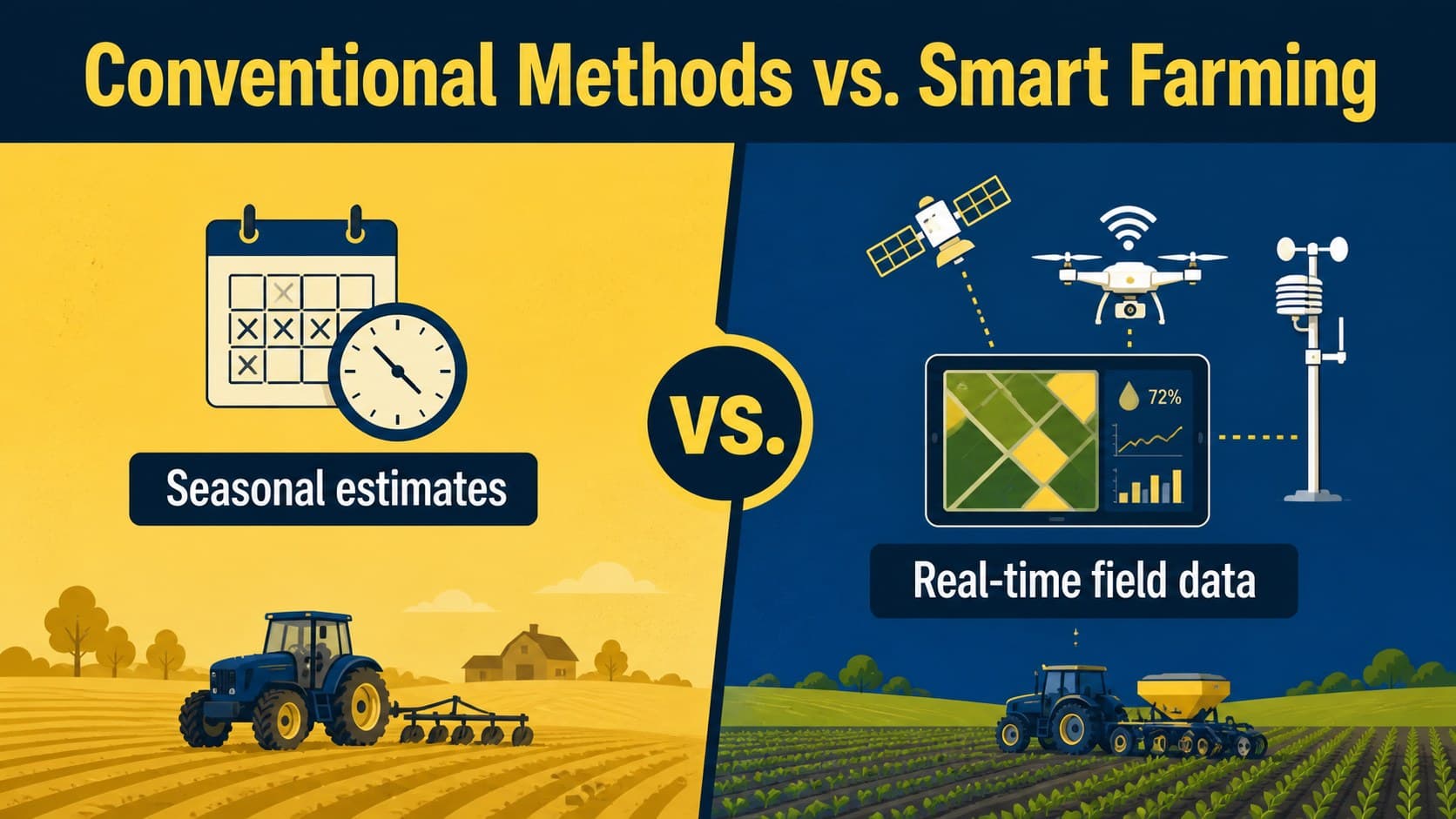 Comparison slide contrasting conventional farming practices with connected agriculture tools.