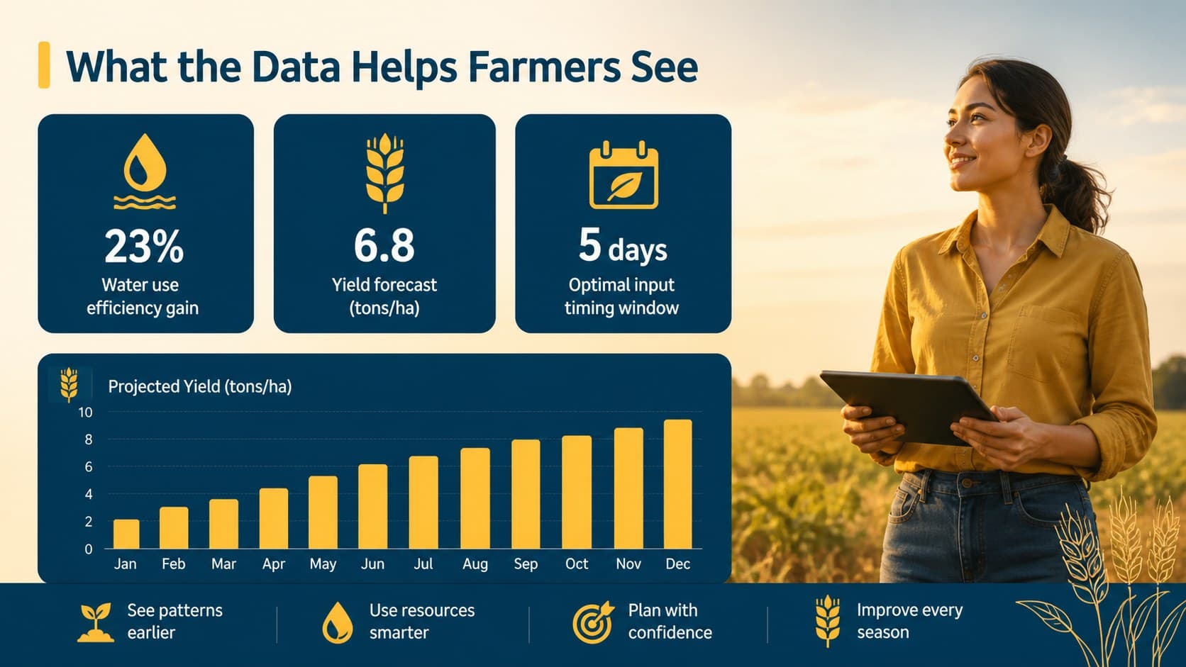 Data visualization slide presenting a simple farm productivity dashboard with blue and yellow charts.