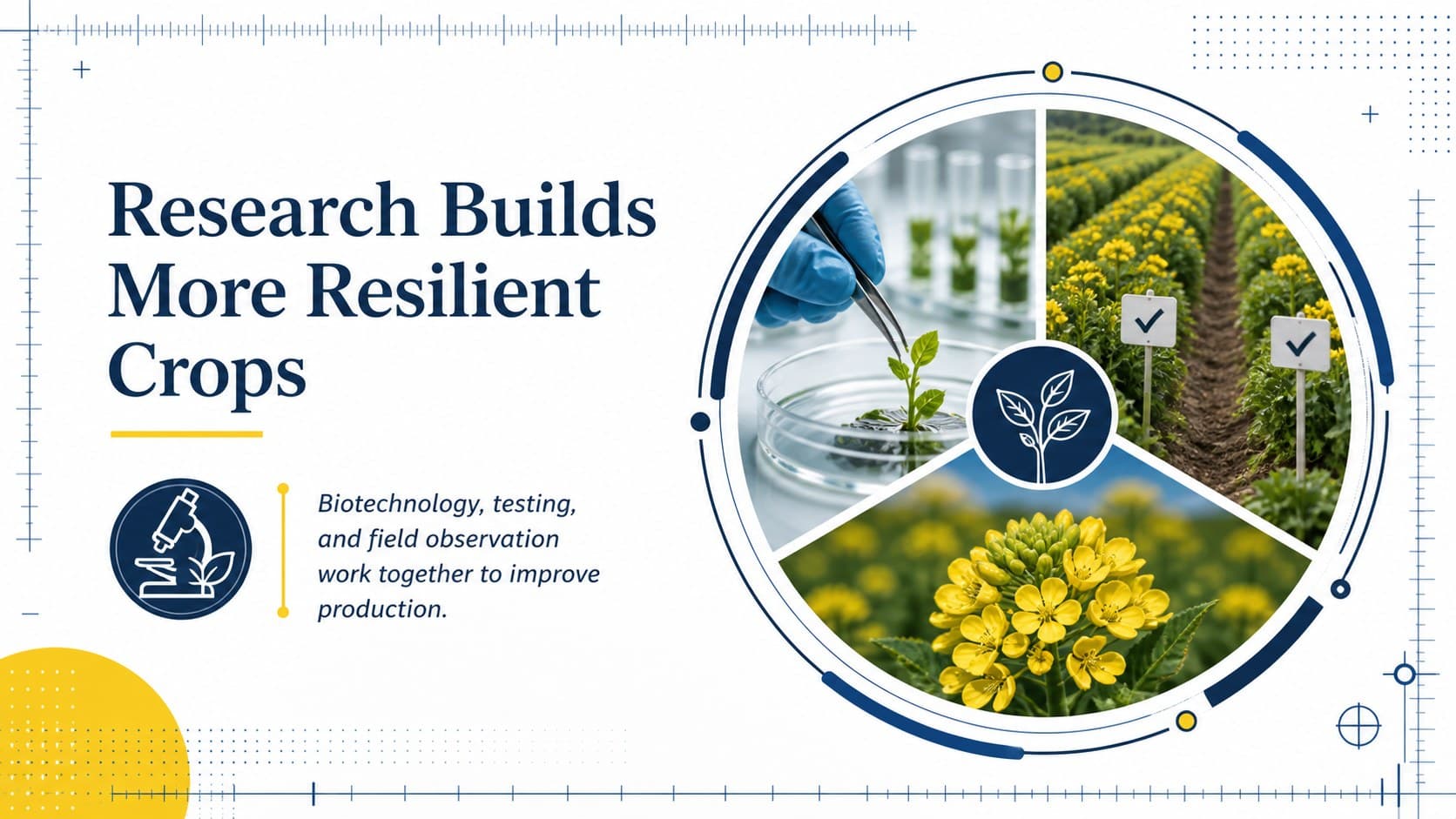 Agricultural biotechnology slide outlining how research supports resilient crops and efficient production.