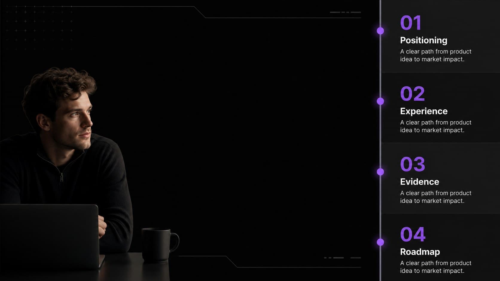 Overview slide outlining the sections of a smartwatch product launch deck in a black UI layout.