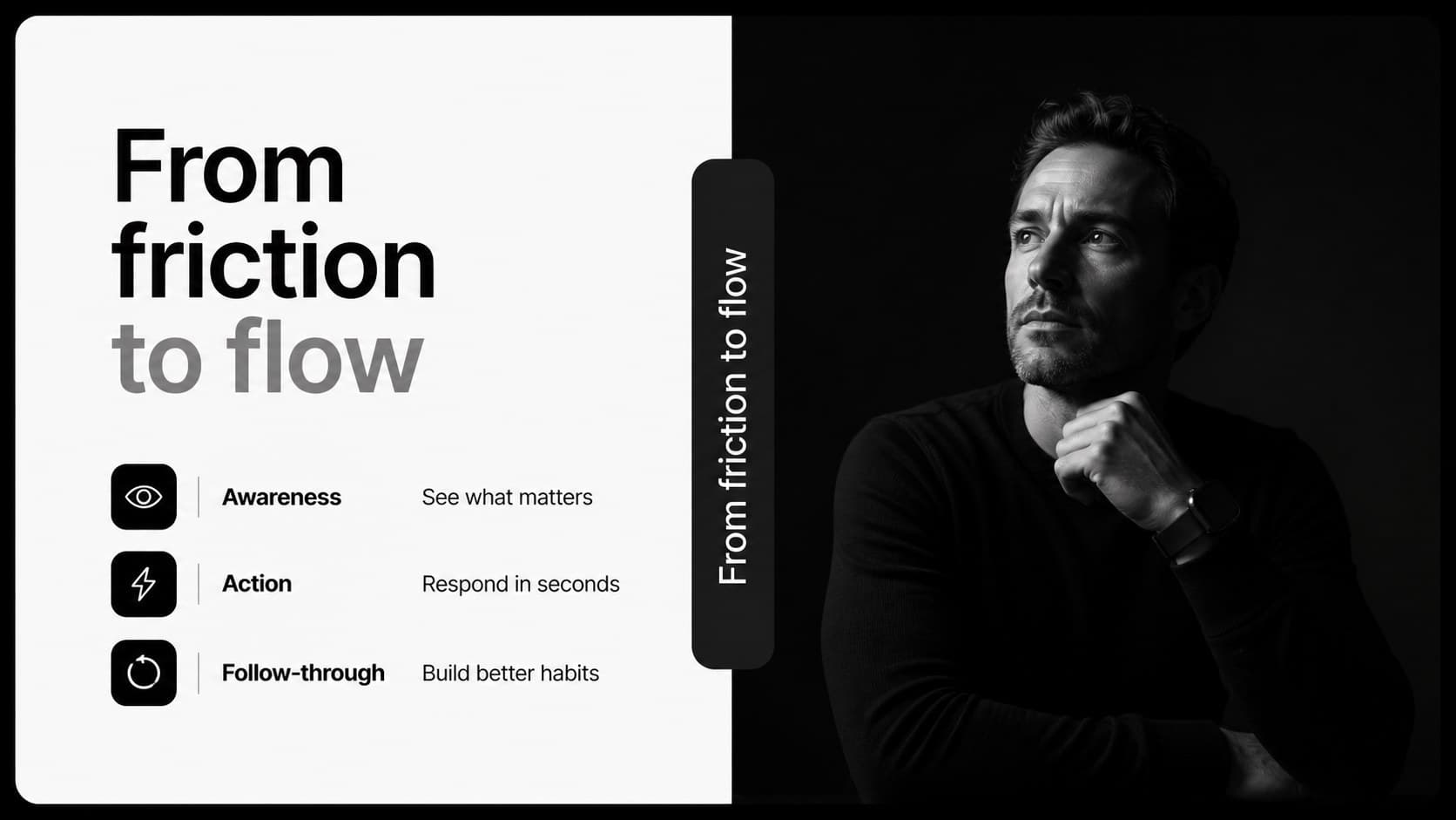Black UI pitch deck slide comparing smartwatch experience benefits across user needs.