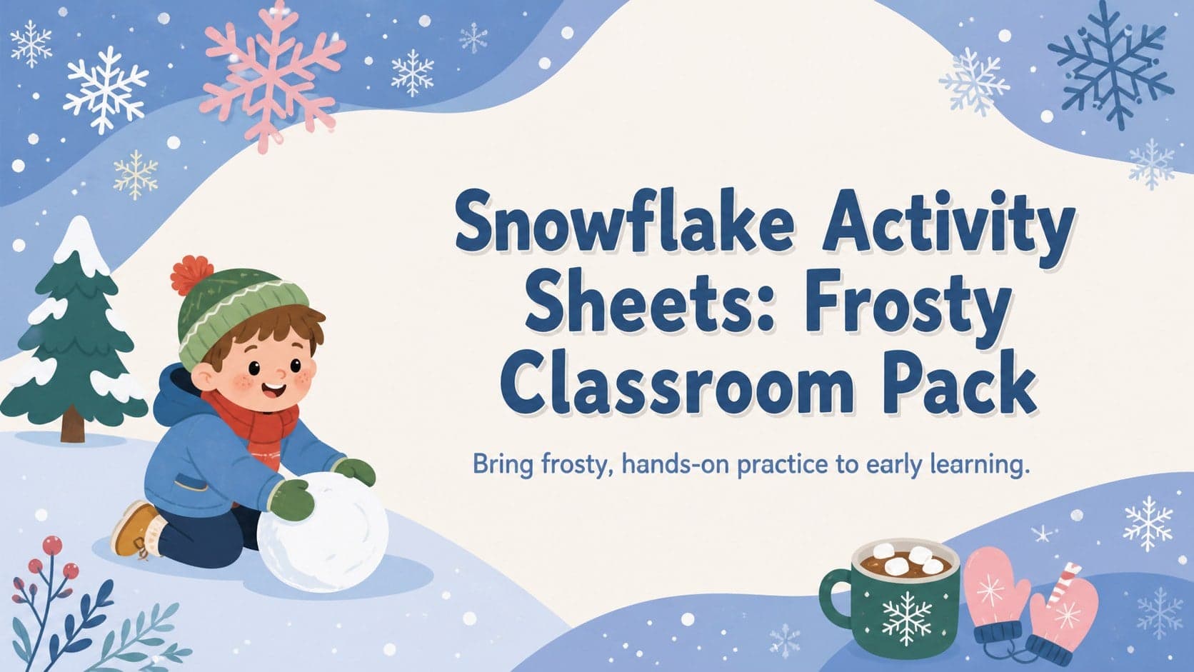 Cover for Snowflake Activity Sheets featuring cheerful winter illustrations and a frosty early-learning theme.