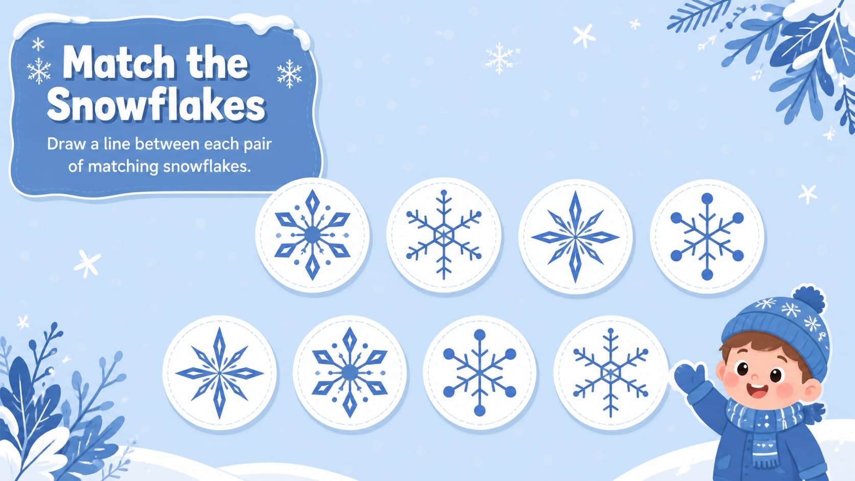 Snowflake visual matching worksheet with illustrated winter shapes for young learners.