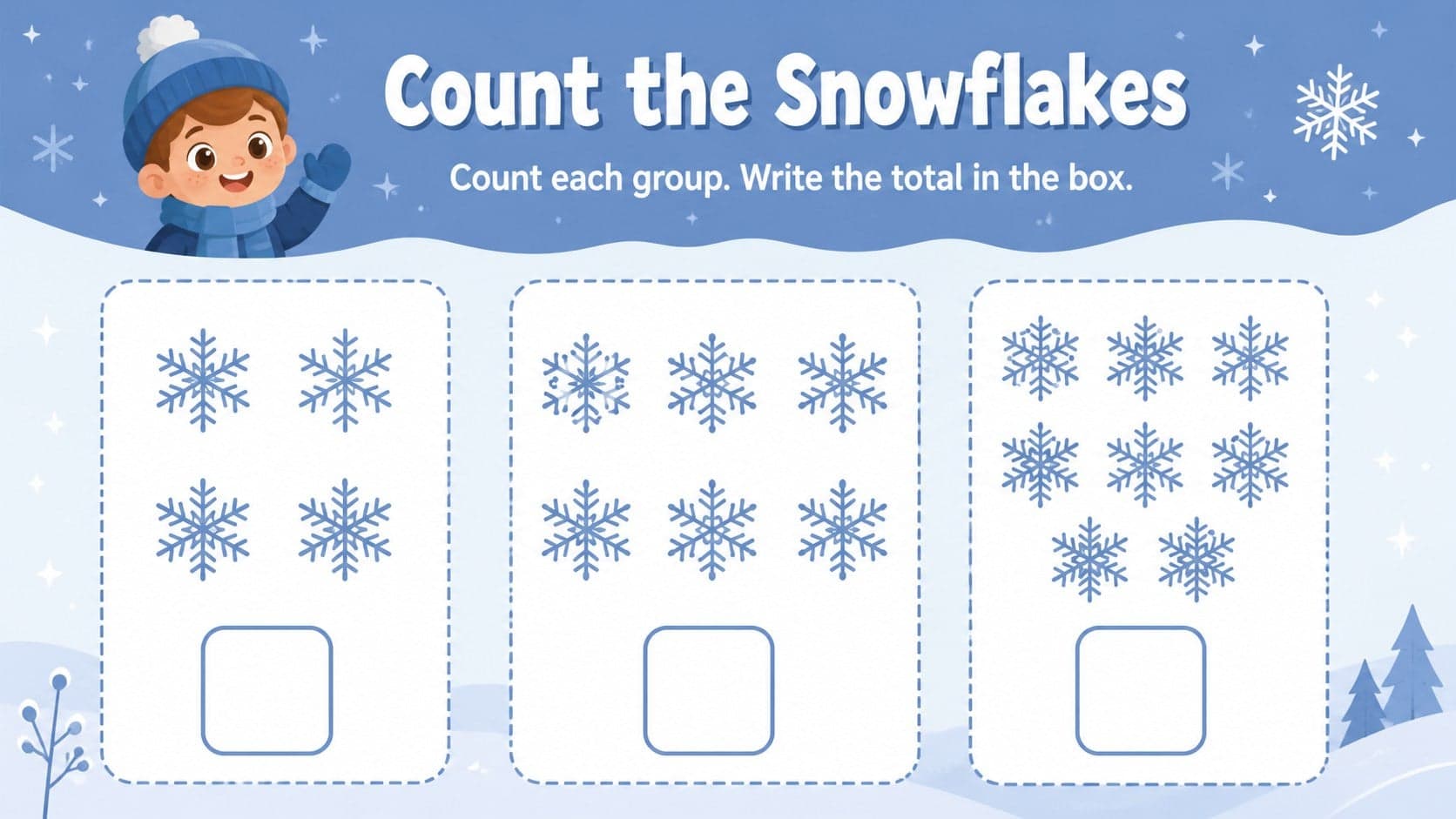 Winter counting worksheet with snowflake groups and answer spaces for kindergarten practice.