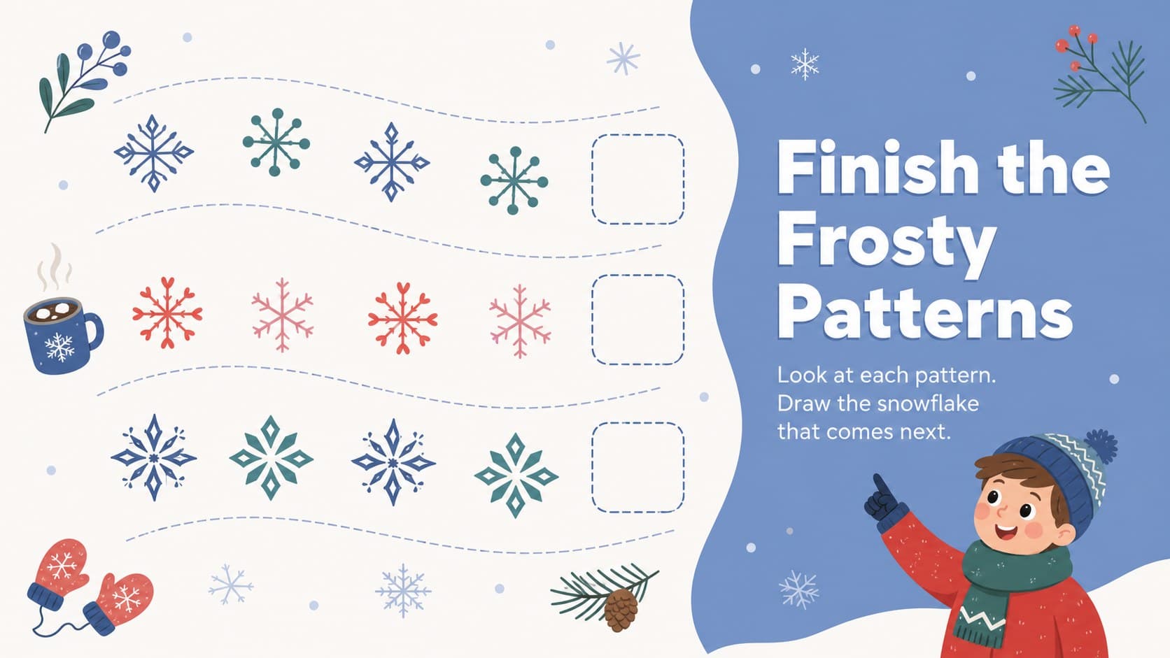 Snowflake pattern practice sheet with colorful winter sequences and blank answer spaces.