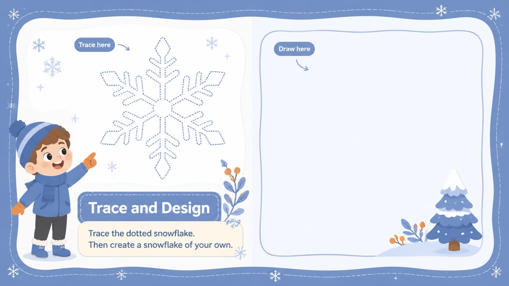 Creative snowflake drawing and tracing activity page in a playful winter classroom style.