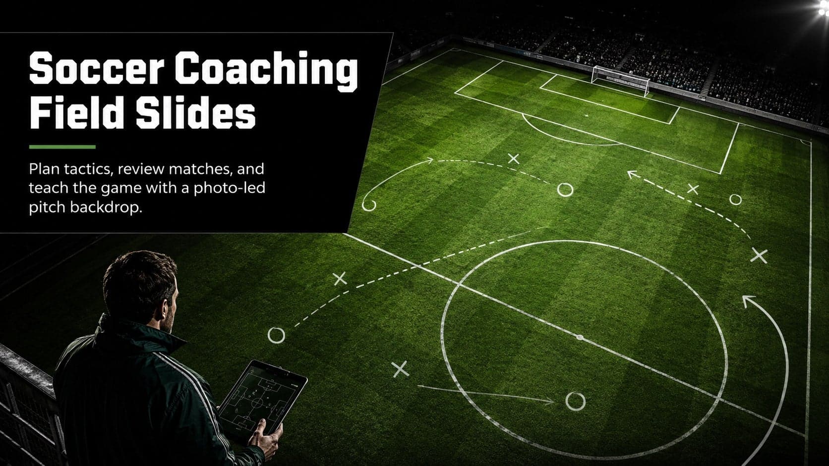 Cover of the Soccer Coaching Field Slides featuring a vivid green pitch photograph and bold black-and-white typography.