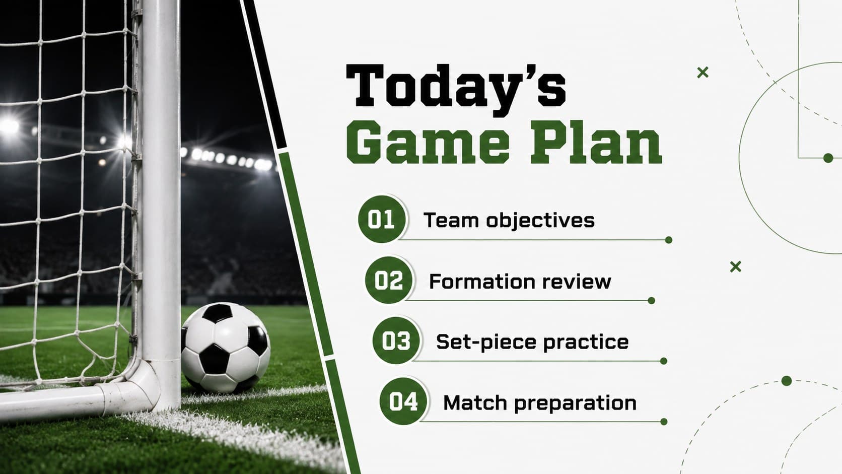 Soccer training agenda slide with four coaching topics arranged over a green field background.