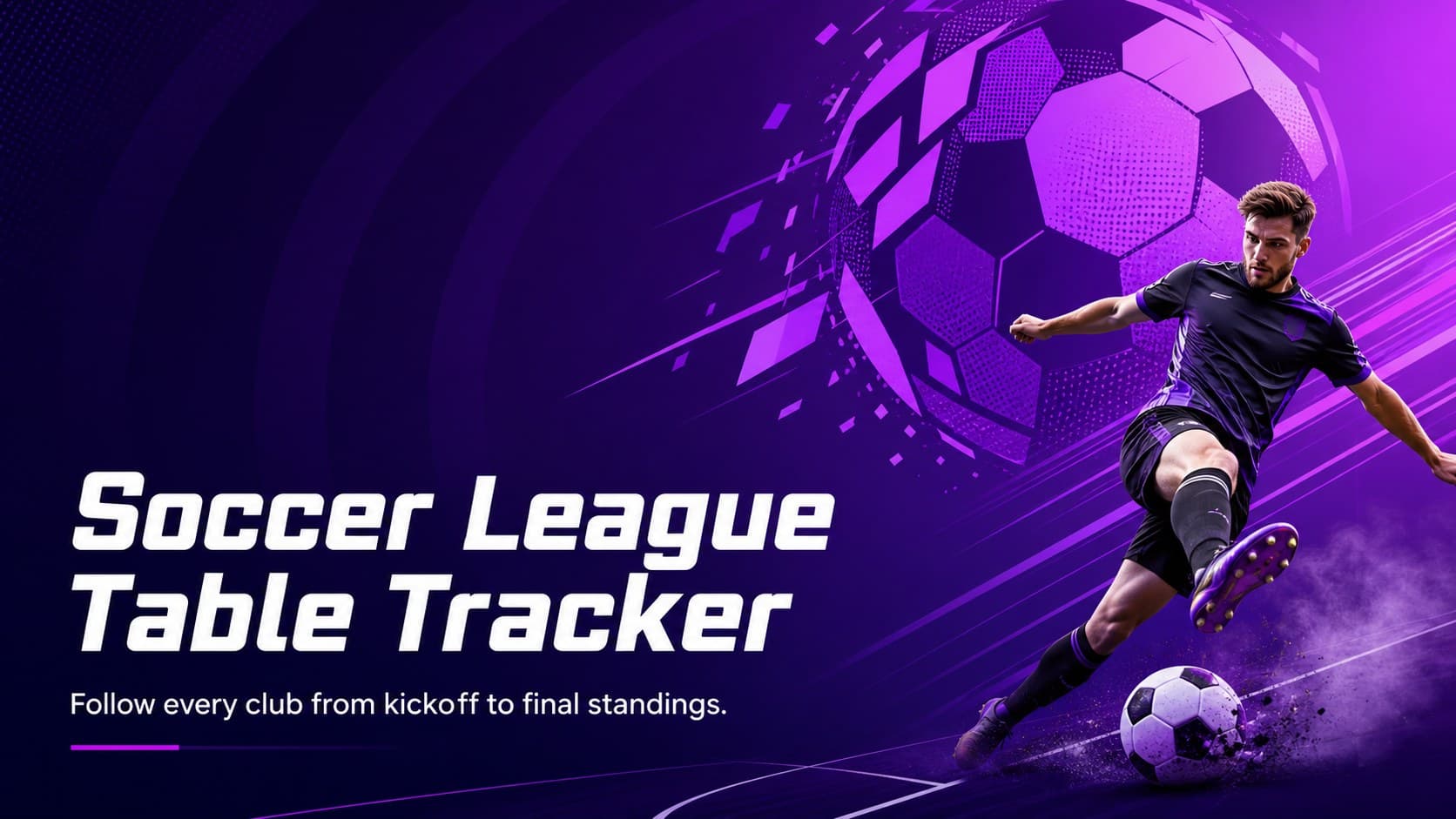 Purple gradient cover for a Soccer League Table Tracker with bold typography and original soccer graphics.