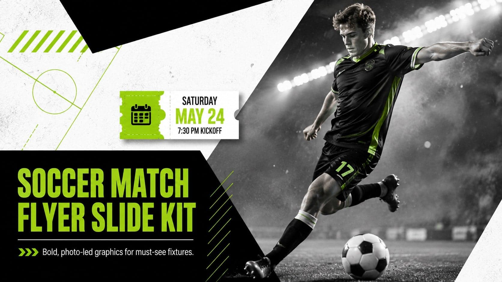 Cover of the Soccer Match Flyer Slide Kit featuring a dynamic player photograph with bold green, black, and white typography.
