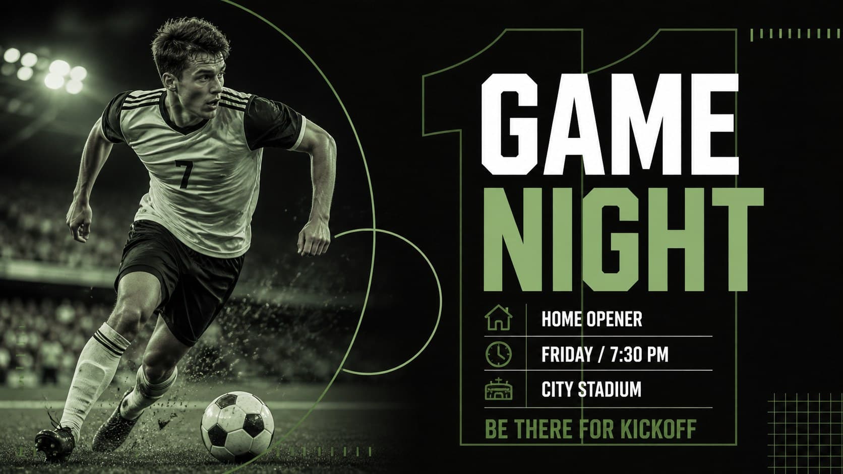 Green and black game-day soccer announcement template displaying a fixture date, kickoff time, venue, and action photograph.