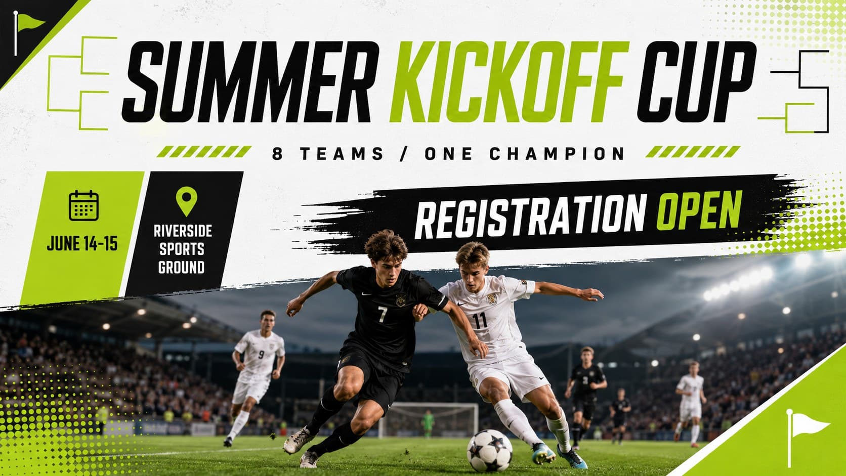Soccer tournament poster slide in green, black, and white with competition details and an original match-action image.