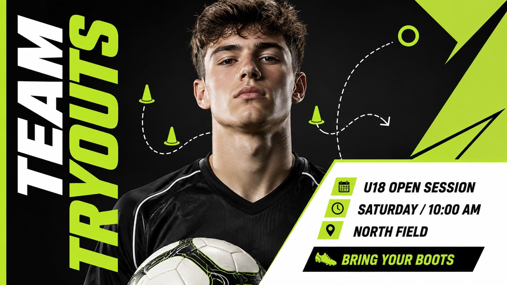 Editable football event flyer announcing open soccer tryouts with bold typography and a new athlete portrait.