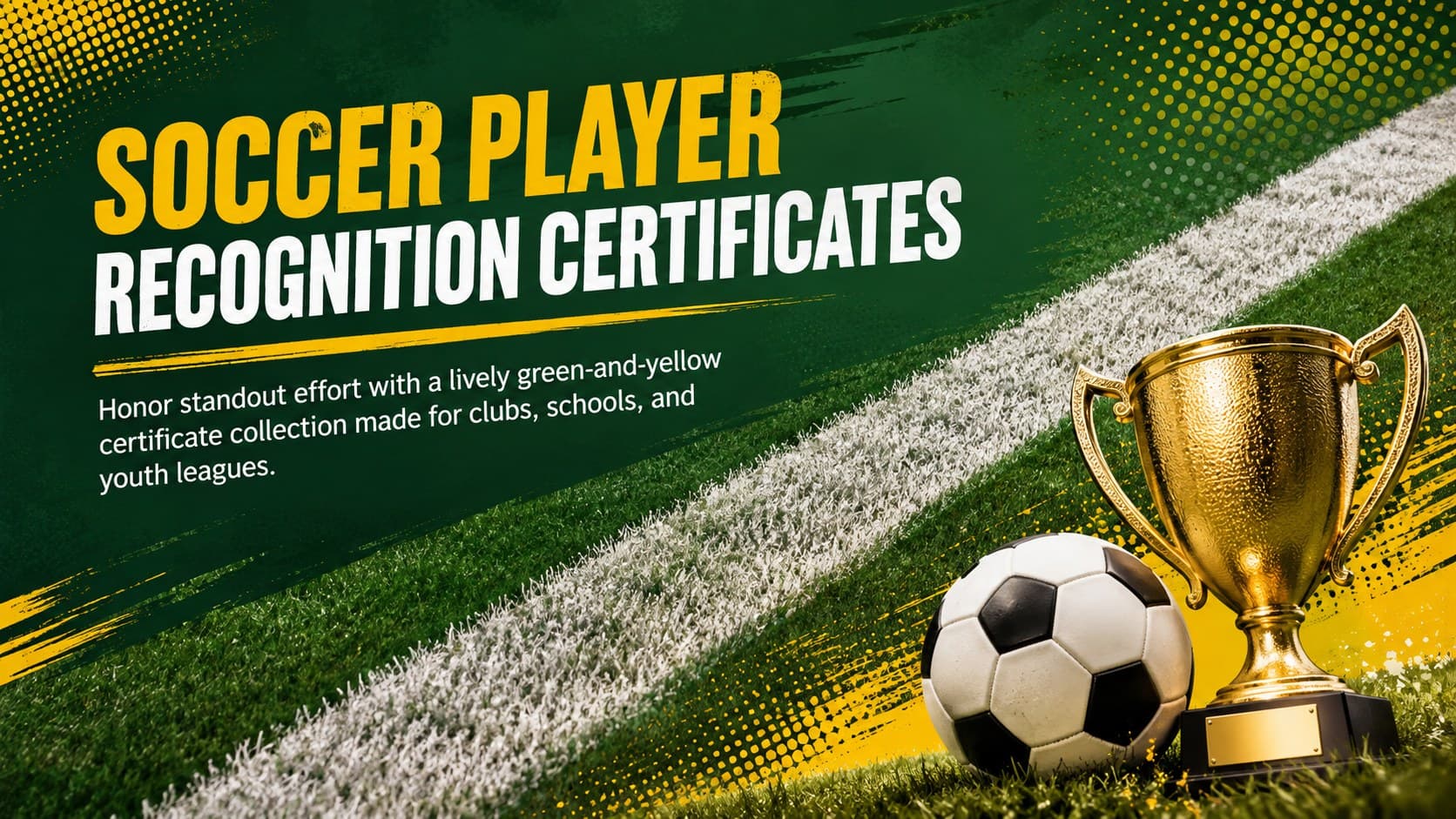 Cover for a green and yellow Soccer Player Recognition Certificates presentation.