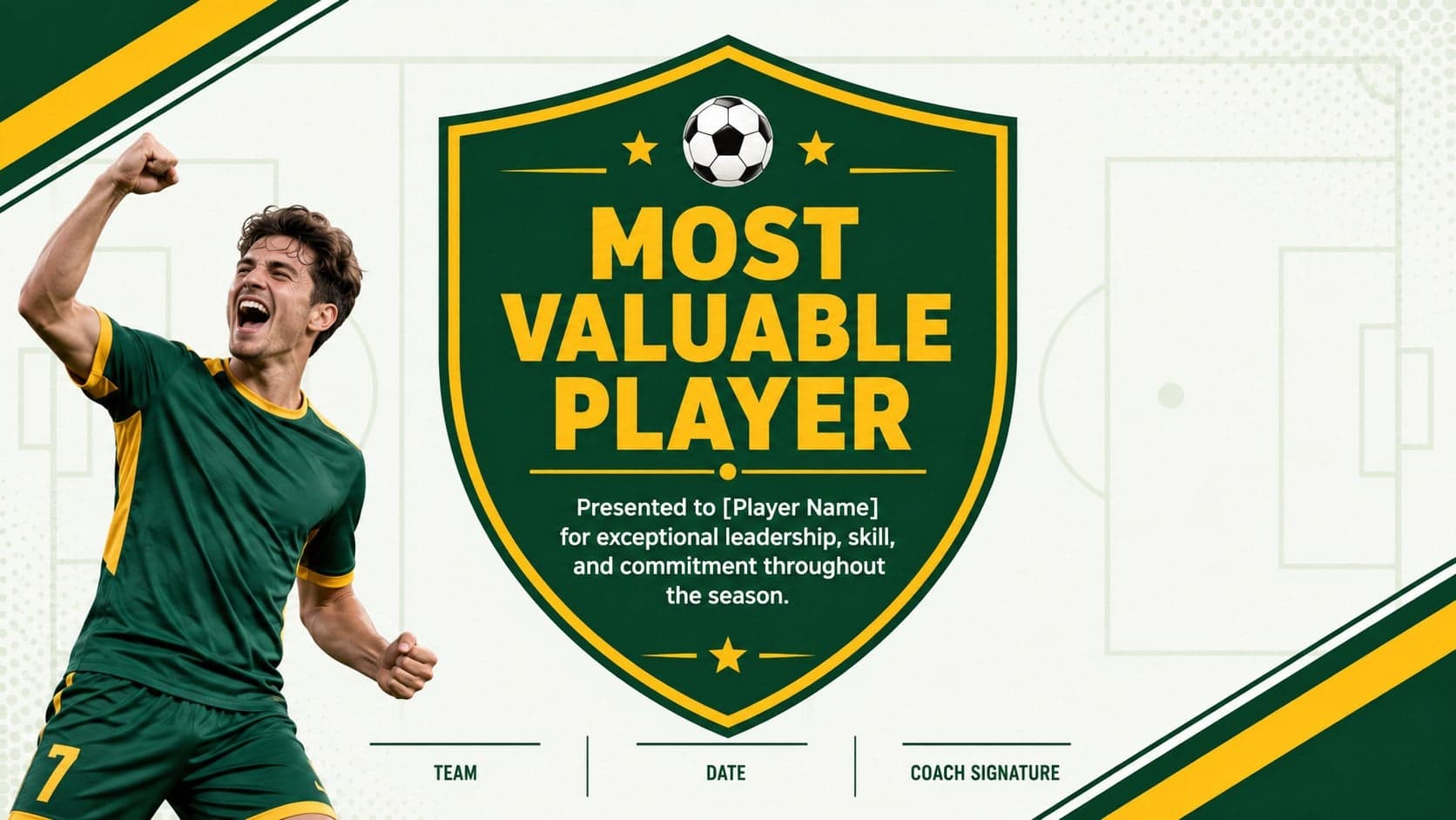 Bold green soccer MVP certificate with a customizable player name and signature area.