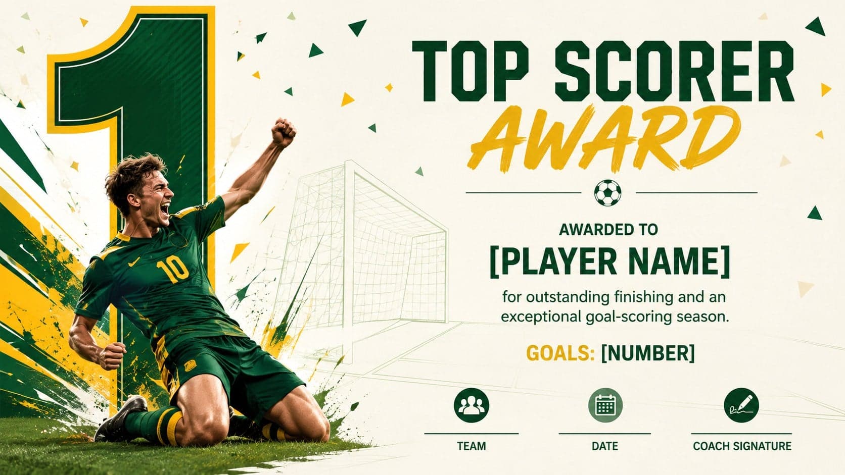Green and yellow top scorer award from an editable soccer certificate collection.