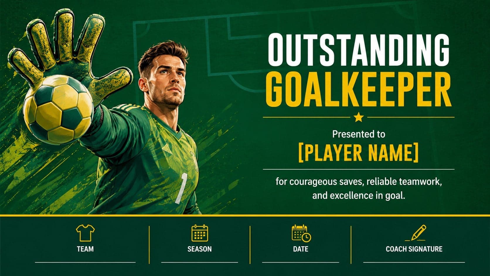 Outstanding goalkeeper certificate featuring modern soccer graphics in green and yellow.