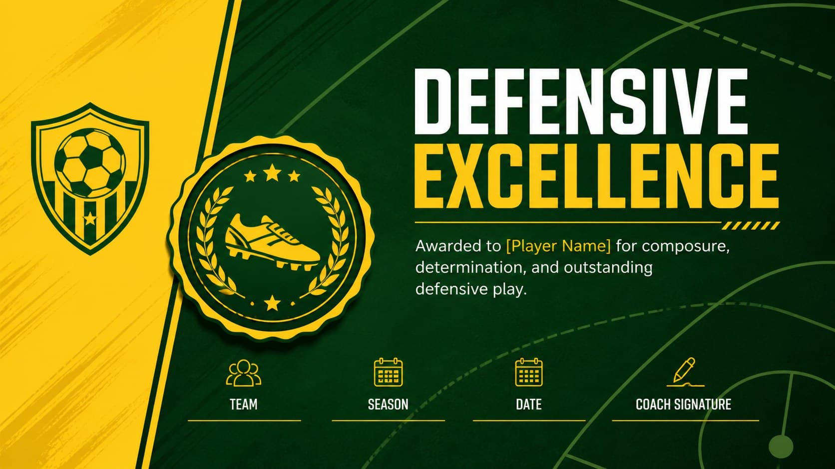 Defensive excellence certificate slide from a printable football team awards pack.