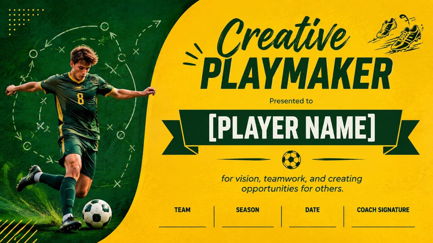Creative playmaker recognition certificate with bright soccer-themed decorative elements.