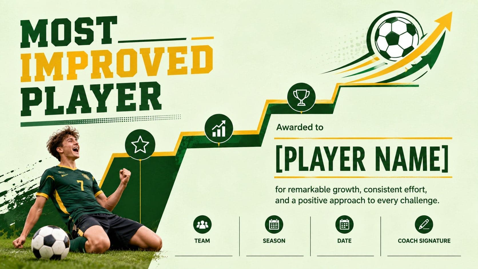 Most improved player award template with customizable text and soccer field details.