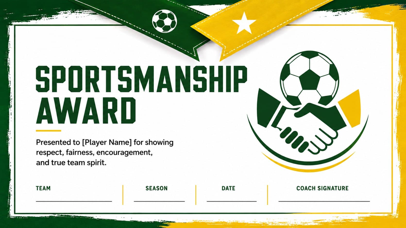 Sportsmanship soccer certificate recognizing teamwork, respect, and fair play.