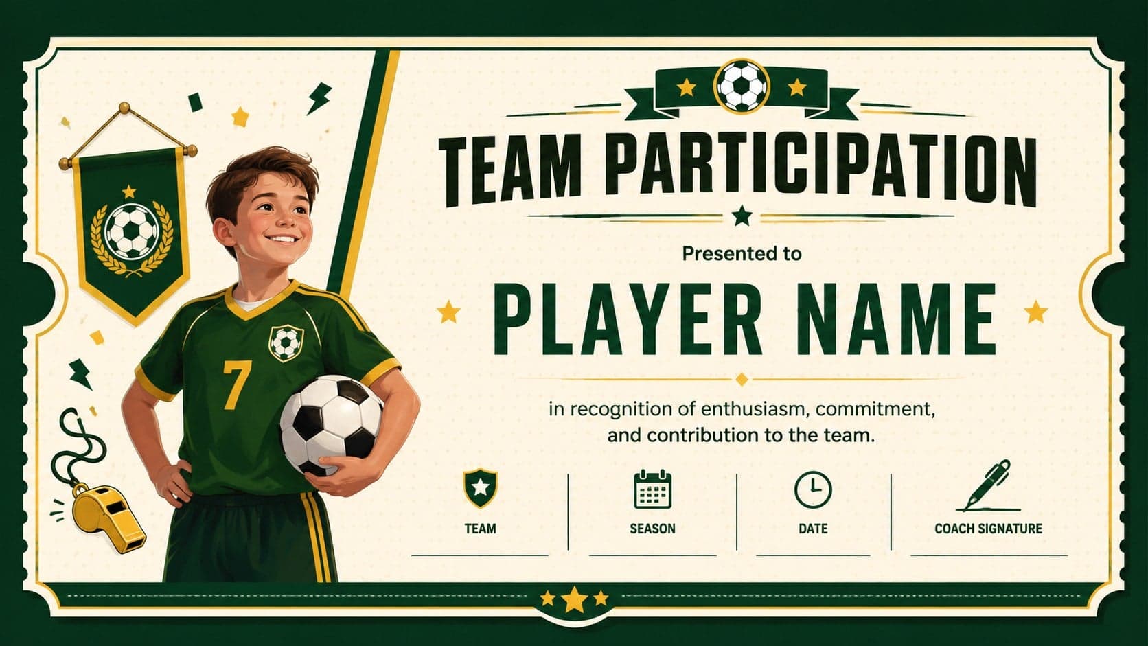 Youth soccer participation certificate in a cheerful green and yellow design.