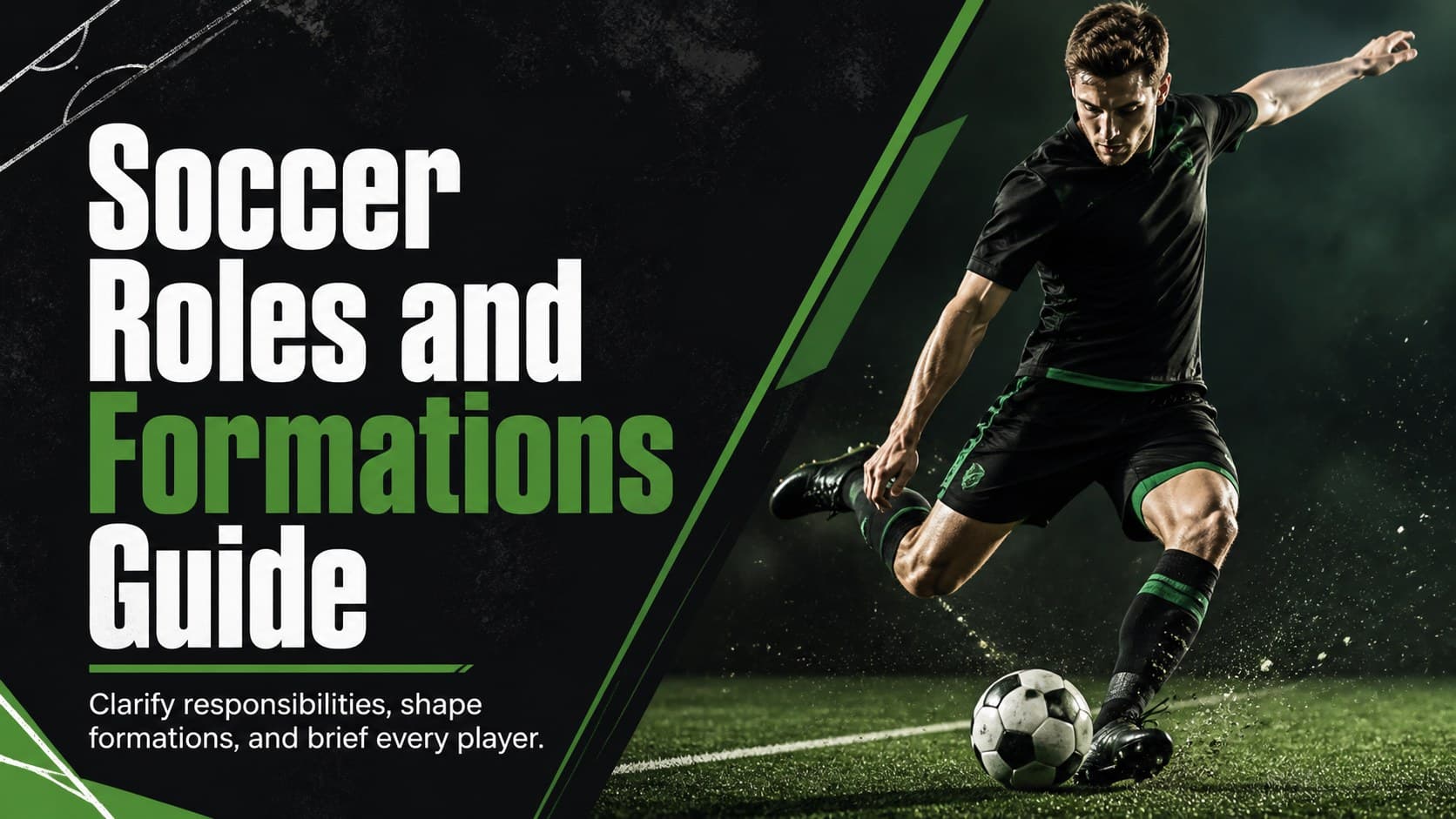 Cover of the Soccer Roles and Formations Guide with a dynamic soccer photograph and bold green, black, and white typography.