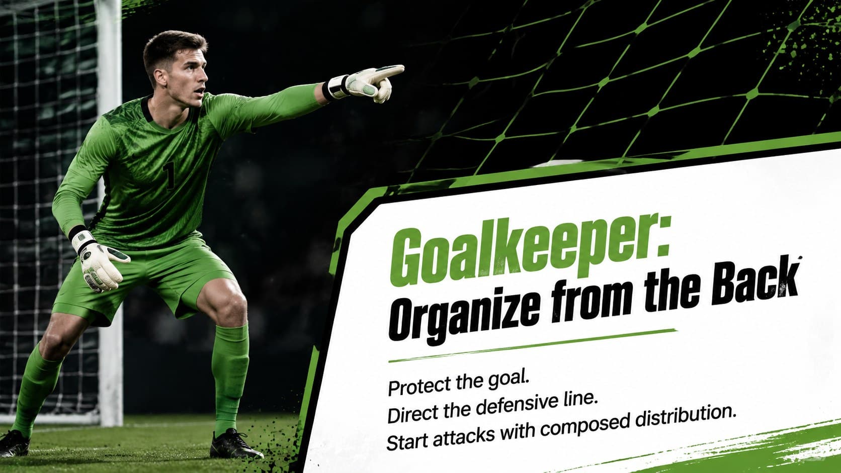 Soccer goalkeeper responsibility slide with a new goalkeeper image and concise distribution and communication duties.