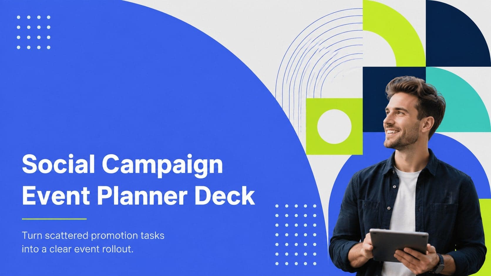 Cover of the Social Campaign Event Planner Deck with blue, neon green, and grey geometric graphics.