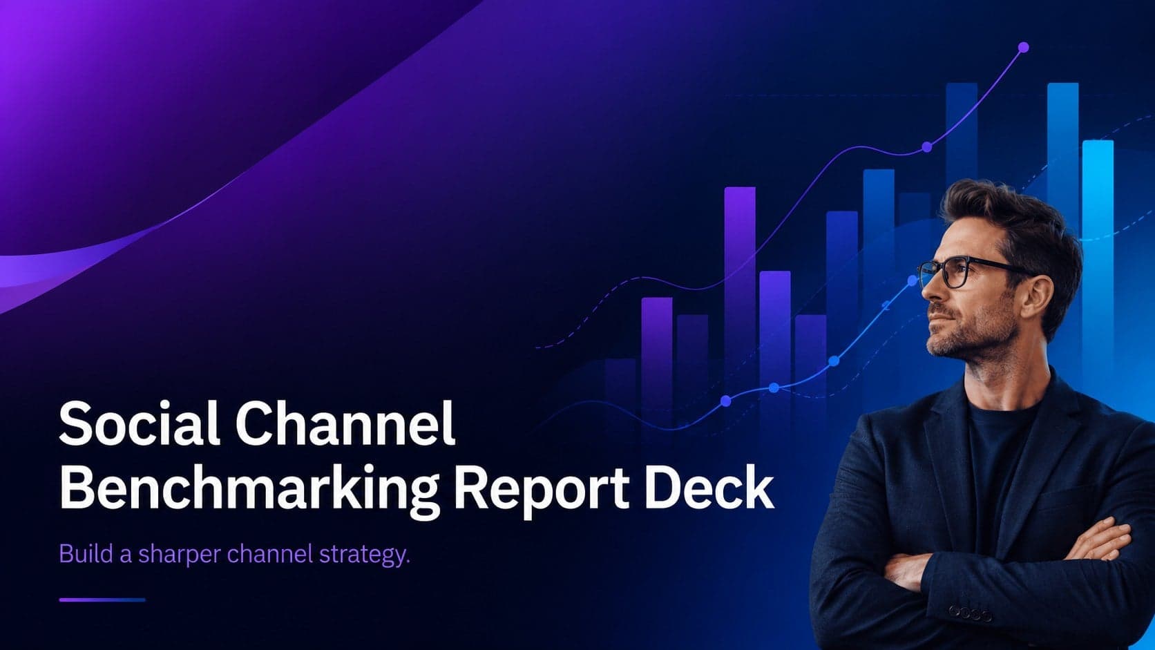 Cover of a social channel benchmarking report deck with modern blue and purple gradient graphics.