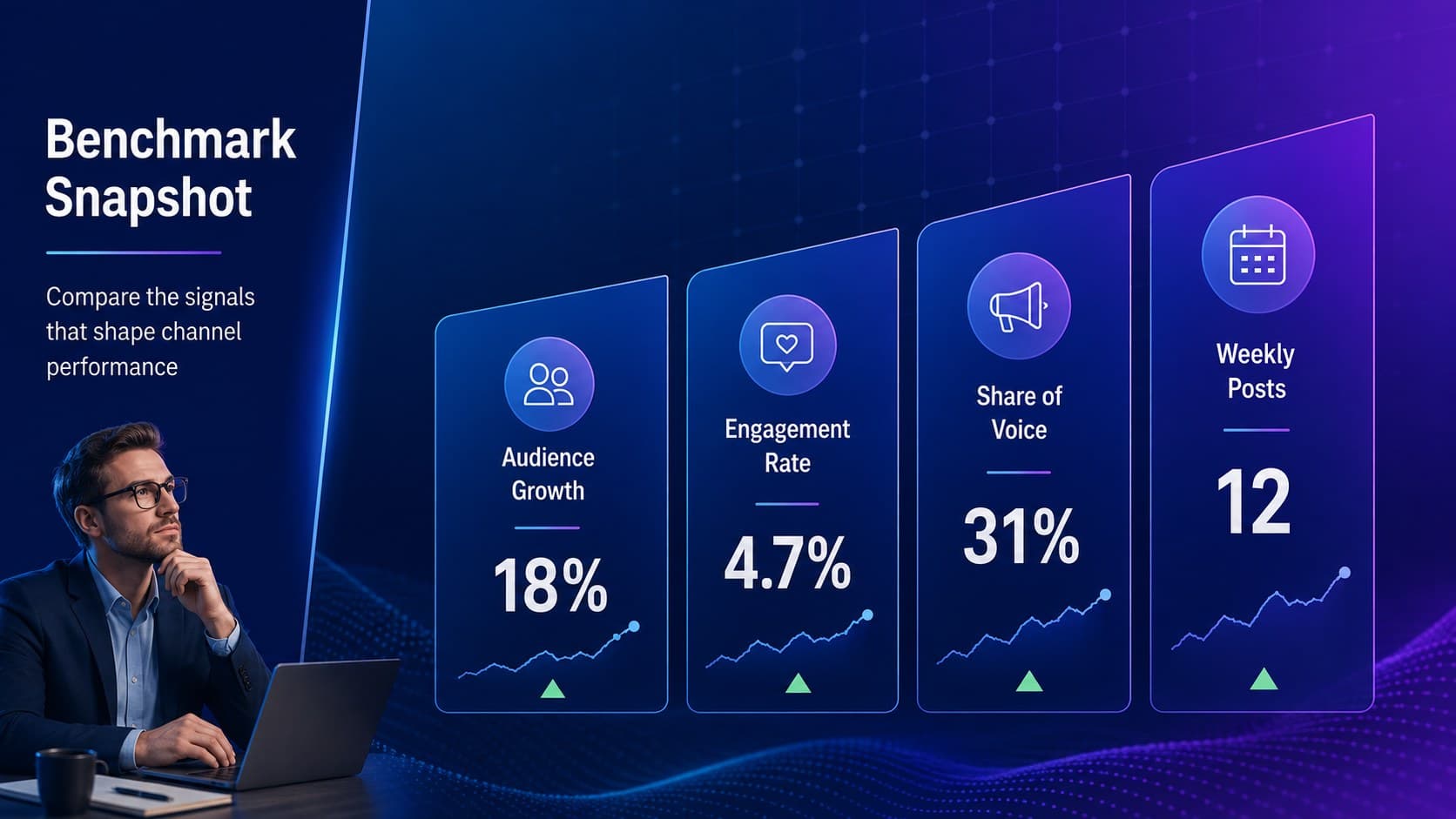 Social media benchmark snapshot comparing reach, engagement, growth, and posting activity.