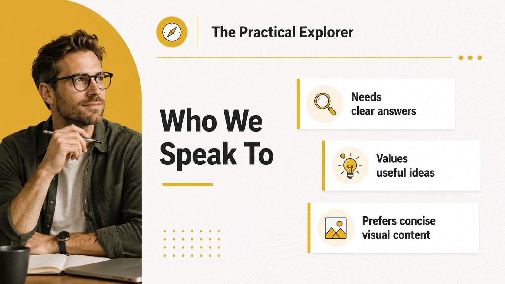 Audience profile slide with goals, needs, and content preferences for a social channel strategy.