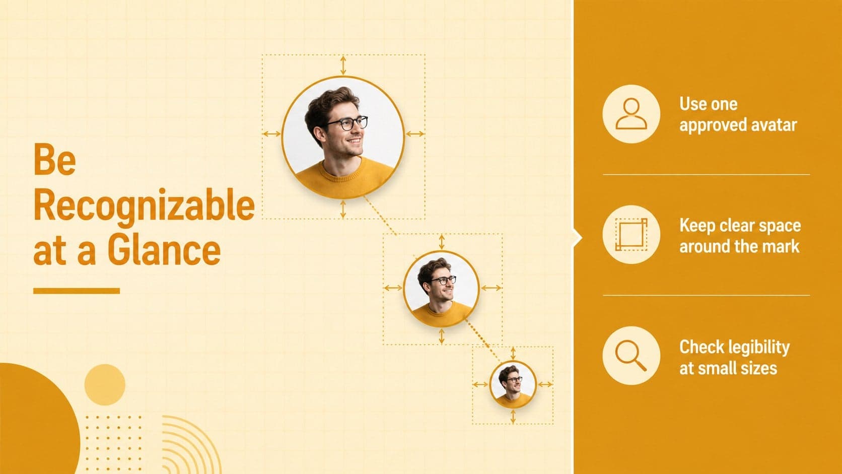 Social profile recognition slide explaining avatar clarity, spacing, and approved placement.
